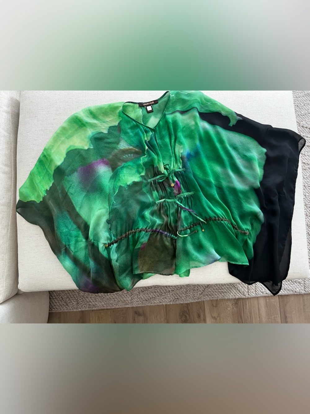 Roberto Cavalli Green Watercolor Green Silk Batwing Women’s Blouse Top Sz One Sz - Picture 15 of 17
